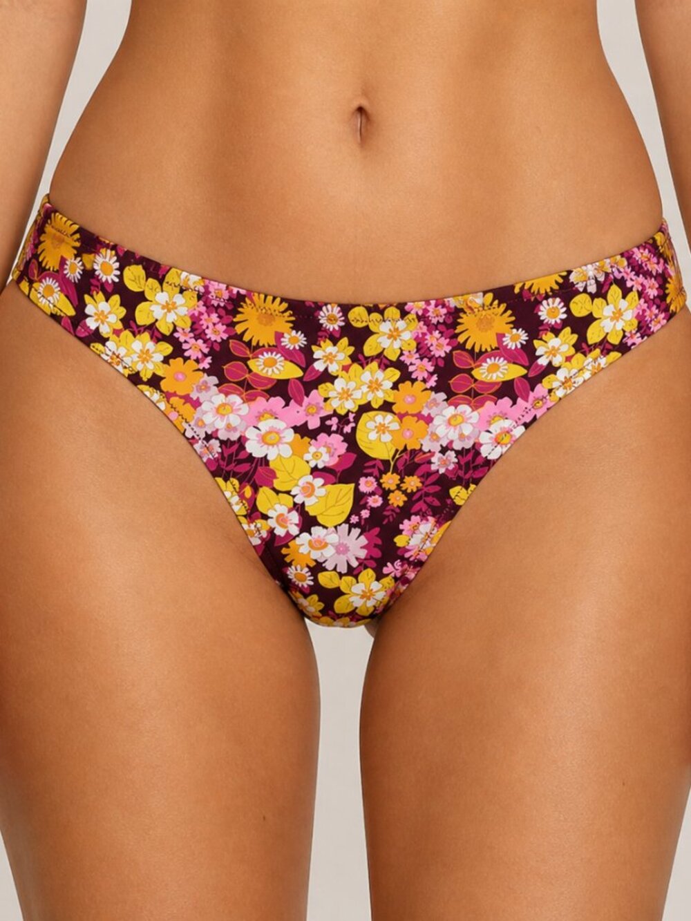 Aerie Size XL Burgundy Purple Yellow Floral Daisy Bikini Swimsuit Swim Bottoms